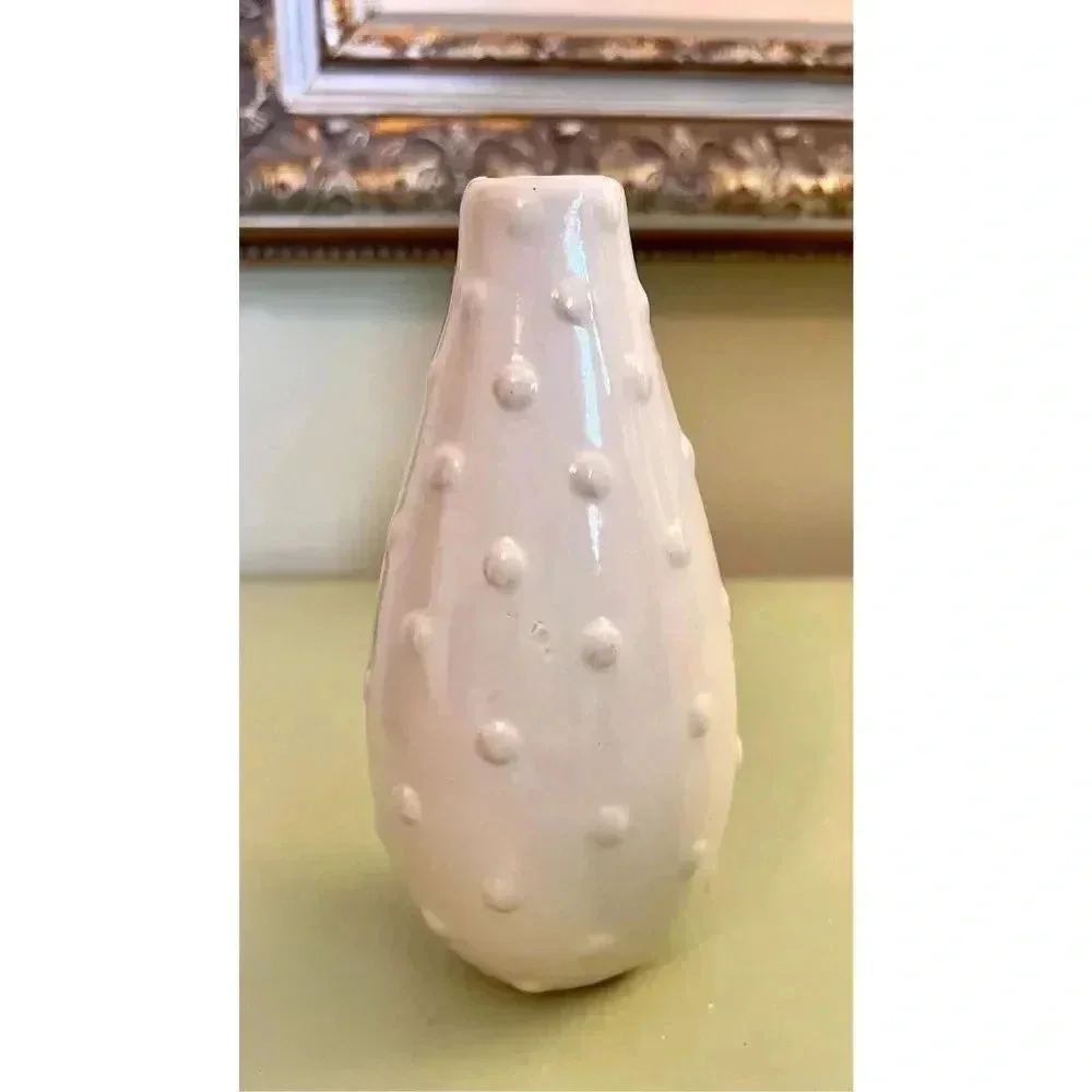 Bud Vase Matte cream White Art Pottery Gourd Pear Shape MCM Raised Dots Numbered